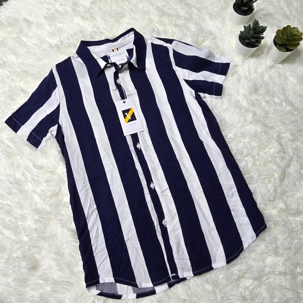 Denim & Flower blue and white striped button down shirt